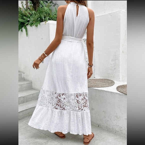 White Contrast Guipure Sheer Mesh Lace Layered Hem Belted Halter Dress - Picture 2 of 6